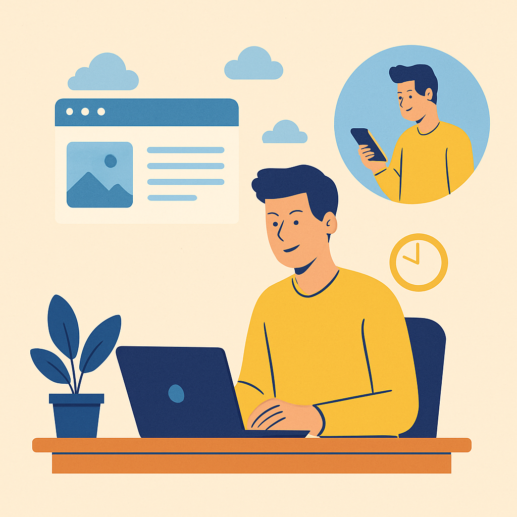 Ilustração de homem sorrindo enquanto trabalha em seu notebook com acesso a dados online, representando mobilidade na gestão de lojas.