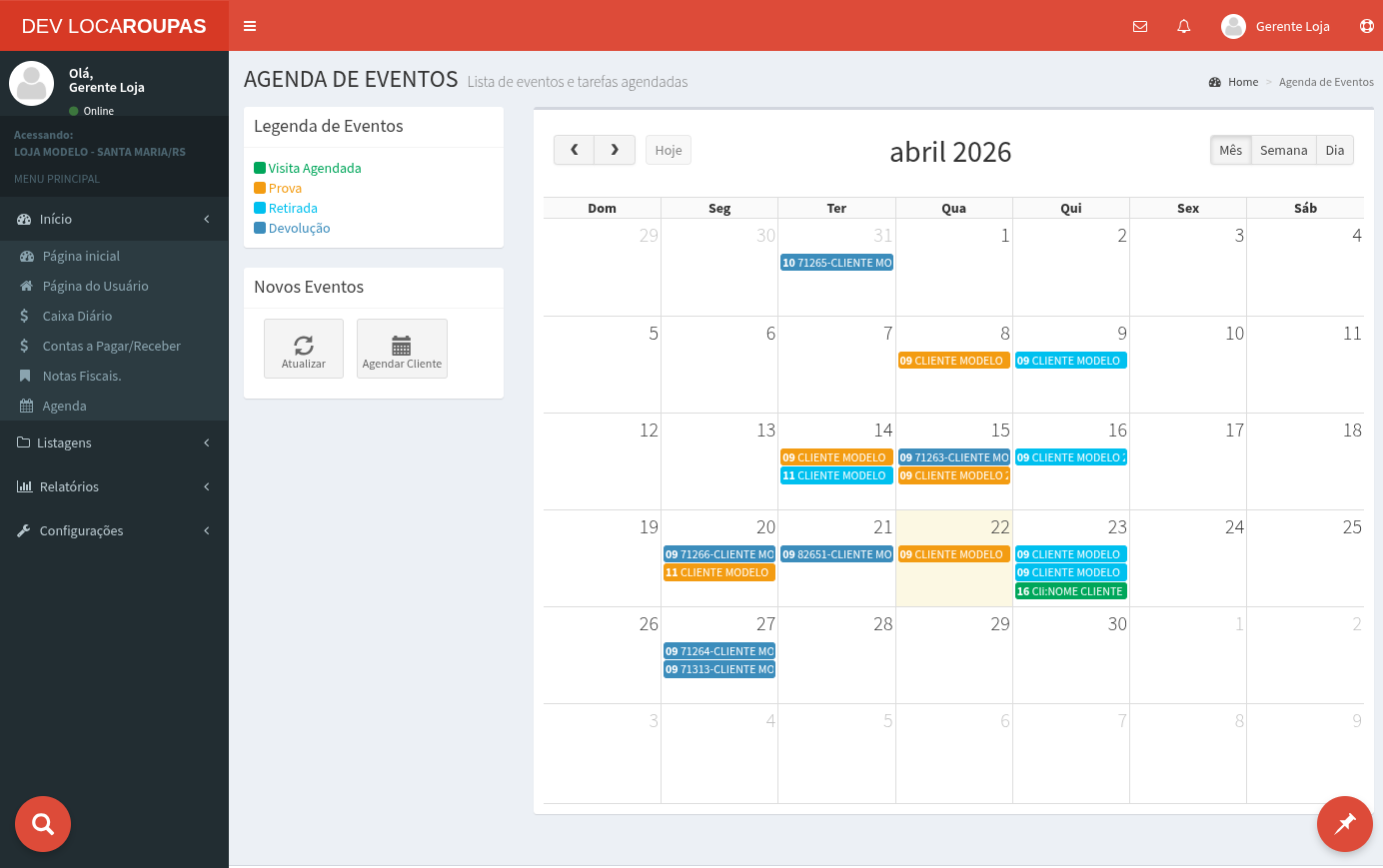 Agenda de eventos do locaroupas